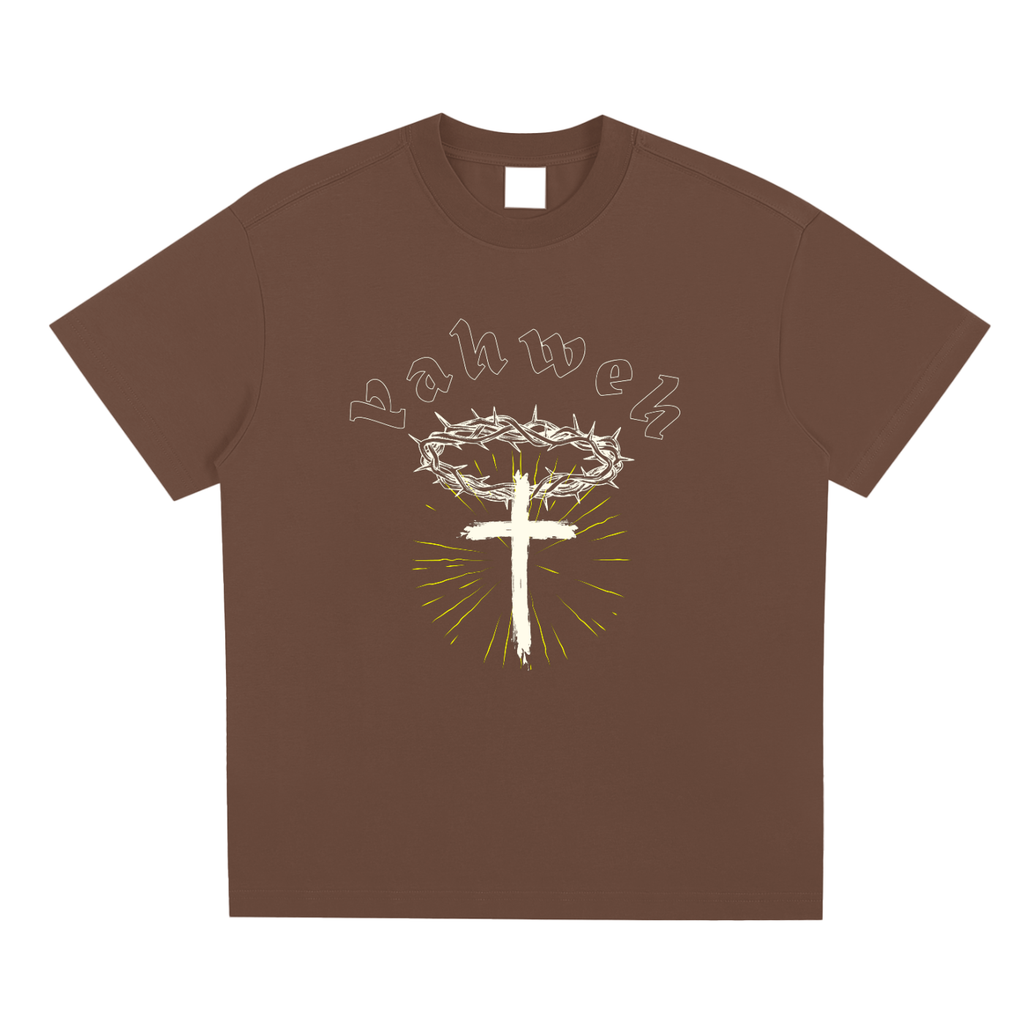 Brown t-shirt with a cross and thorns design on a white background