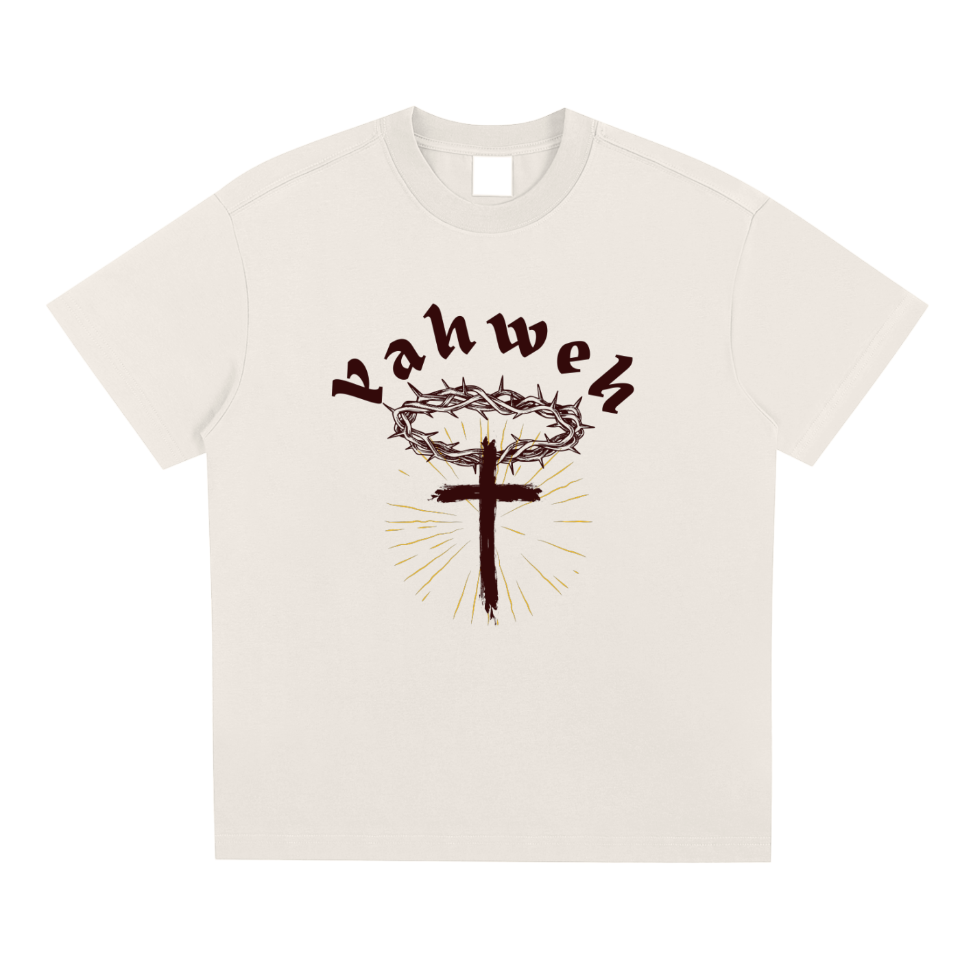 White t-shirt with 'Yahweh' text and cross design on a white background