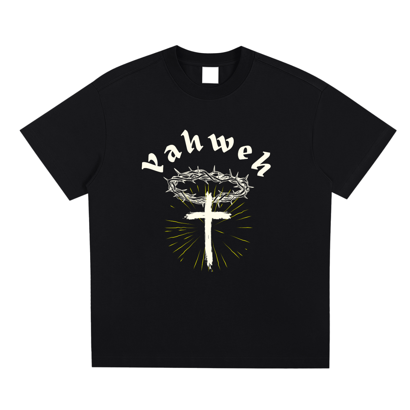 Black t-shirt with a white graphic design and 'Yahweh' text on a white background